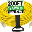POWGRN 200 ft 12/3 Outdoor Extension Cord Waterproof Heavy Duty with Lighted End 12 Gauge 3 Prong, Flexible Cold-Resistant Long Power Cord Outside, 15Amp 1875W SJTW Yellow ETL Listed