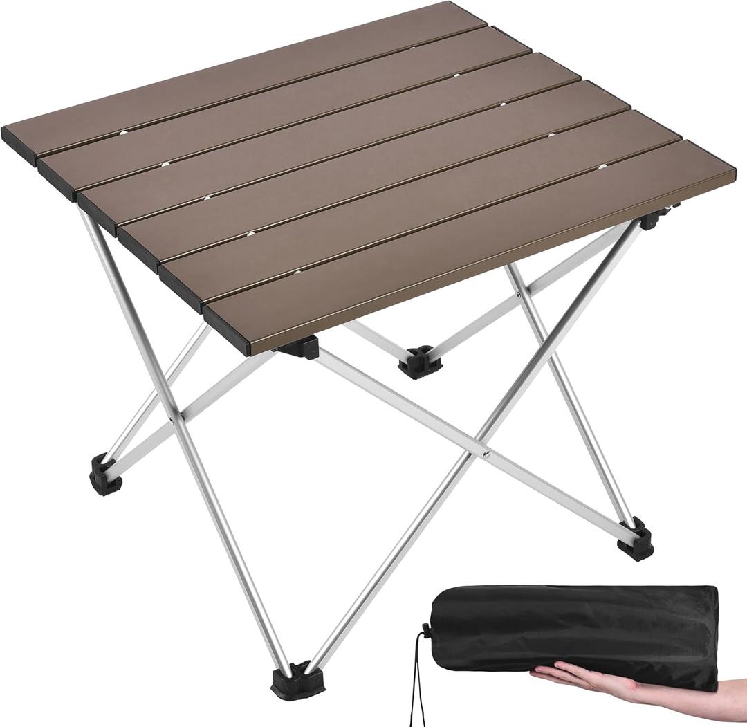 Grope Small Folding Camping Table with Aluminum Table Top, Beach Table for Sand with Carrying Bag,Prefect for Outdoor,Picnic,BBQ,Cooking,Festival (Brown)