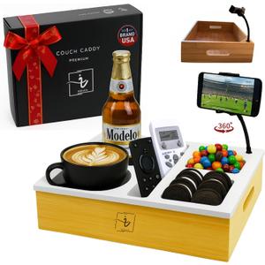 Couch Caddy with Cup Holder | Bamboo Couch Cup Holder Tray for Drinks, Snacks & Remotes | Couch Tray for Bed, Car Seat & Beach Organizer (White)