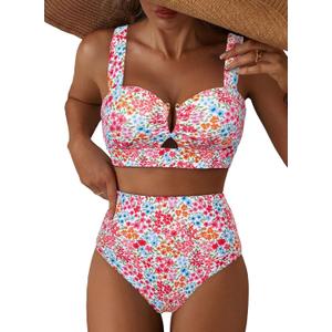 Herseas Women's 2 Piece U Wire Cutout Bikini Sets Floral Print High Waisted Swimsuit 2026 Summer Beach Swim Bathing Suit XL