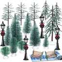 22 Pcs Christmas Village Sets Accessories Miniature Pine Trees Christmas Village Frosted Christmas Tree Figurine Streetlight Lamps Village Street Mat Park Bench Seat for Xmas Winter Decor