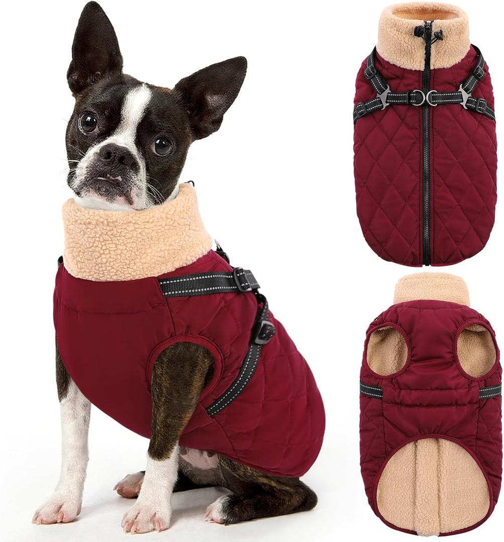 Queenmore Dog Winter Jacket, Dog Coats for Large Dogs, Warm Cozy Pet Jacket Winter with Harness Built in, Waterproof Pet Snow Jacket, Thick Fleece Lining Snowsuit for Large Dogs, Burgundy, Size: L