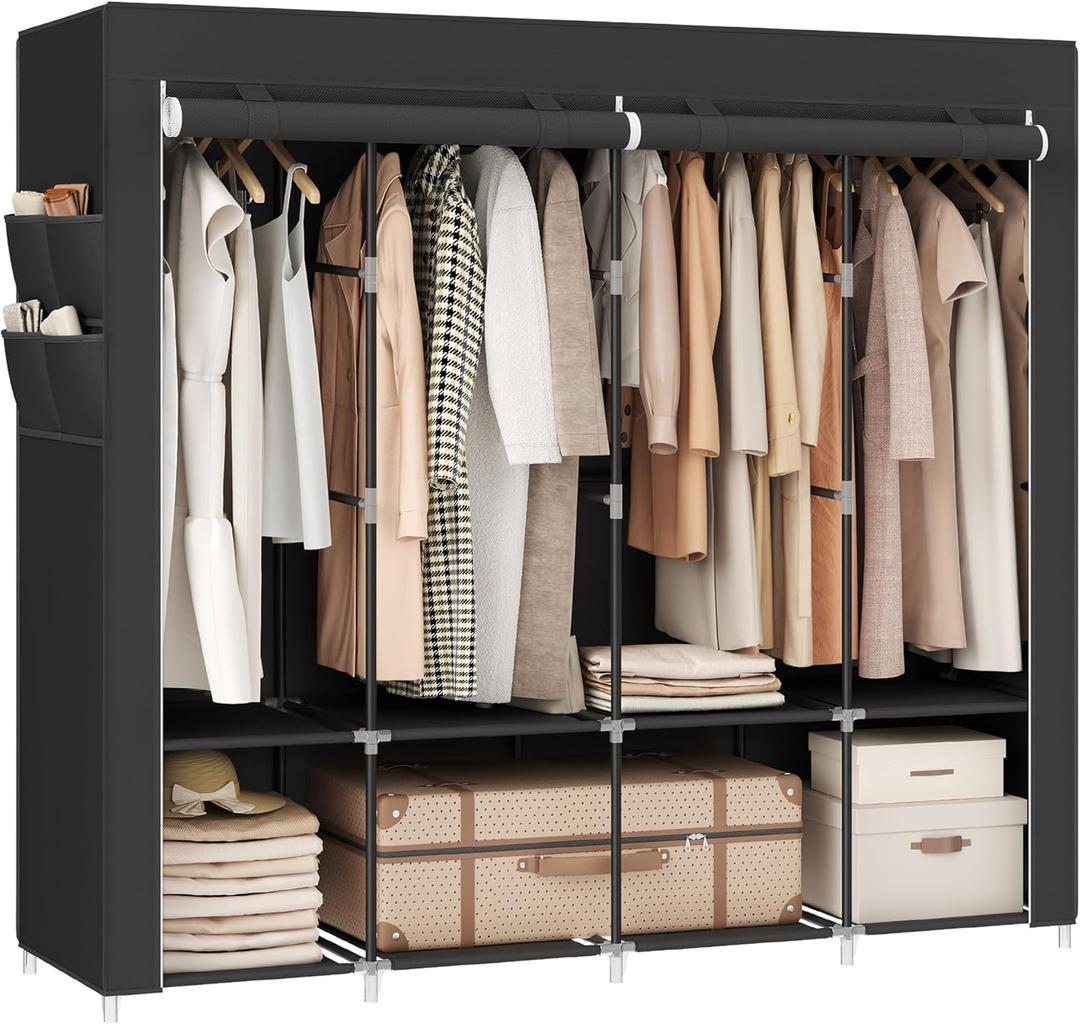SONGMICS Portable Closet, Wardrobe Closet Organizer with Cover, 4 Hanging Rods and Shelves, 4 Side Pockets, 66.9 x 17.7 x 65.7 Inches, Large Capacity for Bedroom, Living Room, Ink Black URYG094B02