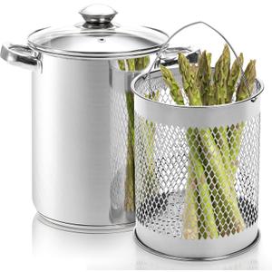 AVLA Asparagus Pot, 4 Quart Stainless Steel Steamer Cooker, Vegetable Asparagus Cooker with Removable Basket and Lid for Pasta, Spaghetti, Boiled Eggs, Shrimp, Oil Deep Fry Pan for French Fries