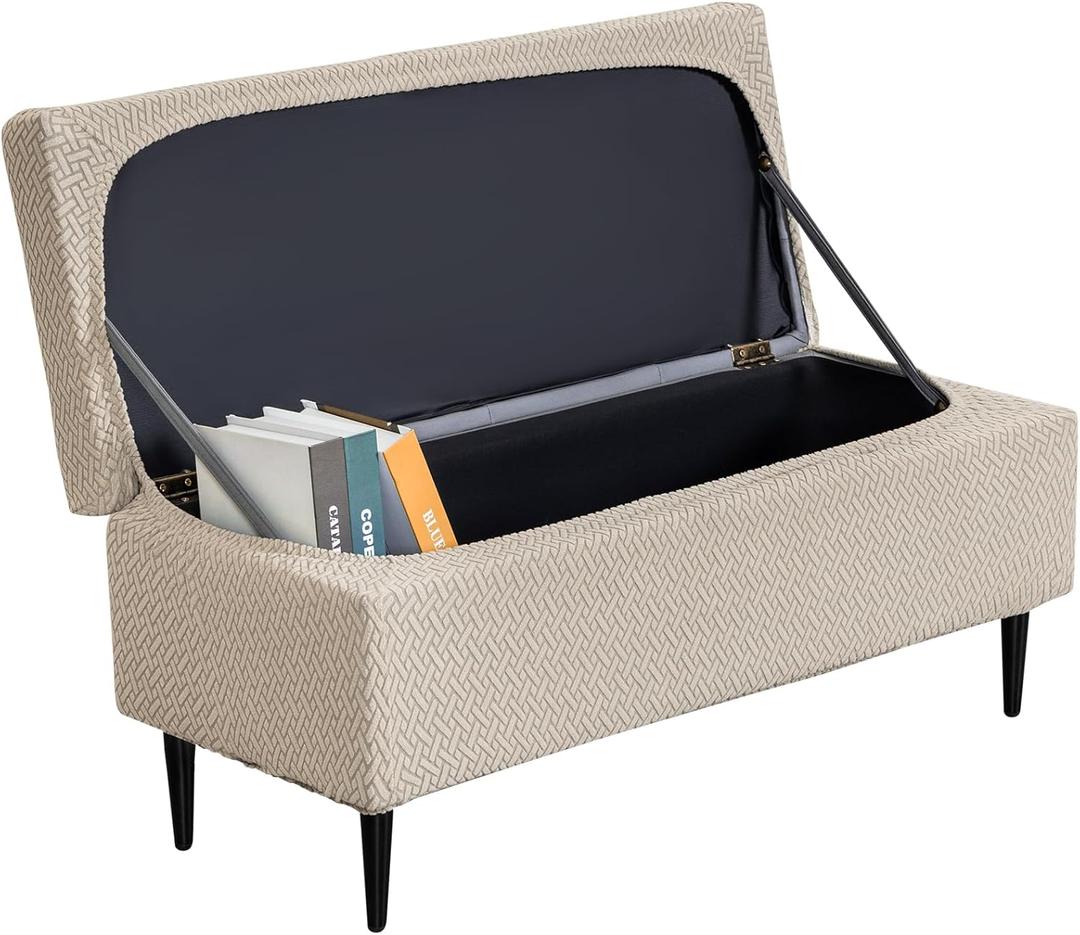 Ottoman Covers, Stretch Folding Storage Stool Slipcover Furniture Protector, Rectangle Bench Footstool Cover with Elastic Bottom, Soft Jacquard Fabric Removable Washable, Large (09)