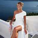 LAGSHIAN Women's Elegant Formal Long Dress One Shoulder Sleeveless Ruched Bodycon Evening Dress (White, Large)
