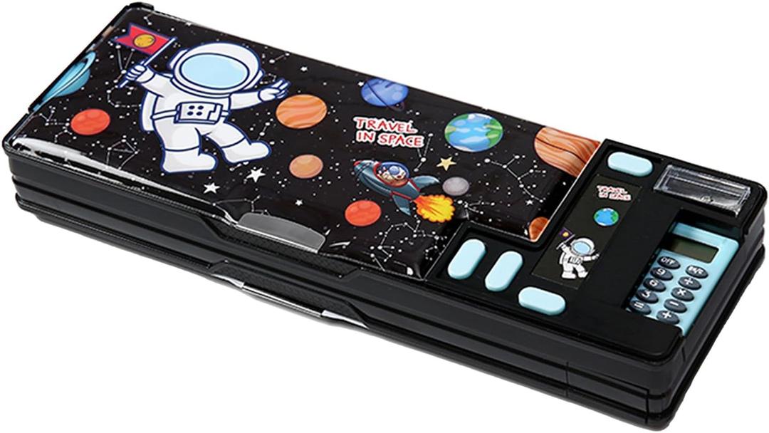 Multifunction Pencil Case with Calculator, Pencil Sharpener and Curriculum, Multiple Cute Patterns, Suitable for Elementary School Girls, Boys, Great Gifts for Kids (Black)
