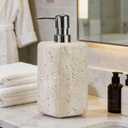 Travertine Stone Soap Dispenser Natural Organic Bathroom Soap Pump with Metal Push Pump, Elegant Square Hand Lotion Jar, Premium Heavy Duty Pump Bottle Lotion Jar for Kitchen/Laundry Room(Ivory White)