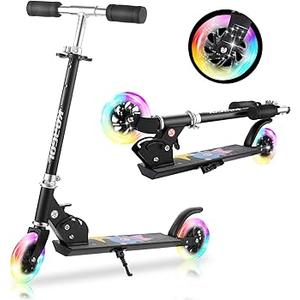 TENBOOM Scooter for Kids Ages 3+, Teens, Foldable Kick Scooter with Light up Wheels, Kickstand, 3 Adjustable Levels, Rear Brake, Lightweight Boys Girls Toys for Kids 5-7, Black