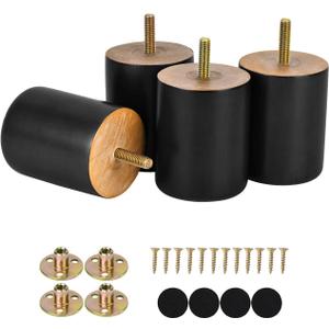 Maricome 3 Inches Wood Legs Set of 4, Black Round Wooden Replacement Feet Predrilled M8 Bolt for Sofa Couch Dresser Ottoman Cabinets Chair Screw in