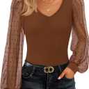 ZESICA Women's Sexy Mesh Puff Long Sleeve Going Out Tops V Neck Ribbed Knit Shirts Dressy Work Blouses 2026 Fall Outfits (Brown, L)