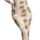GORGLITTER Women's Mesh Long Sleeve Bodycon Midi Dress Sheer Ruched Tie Dye Crew Neck Dresses (Small, Brown)