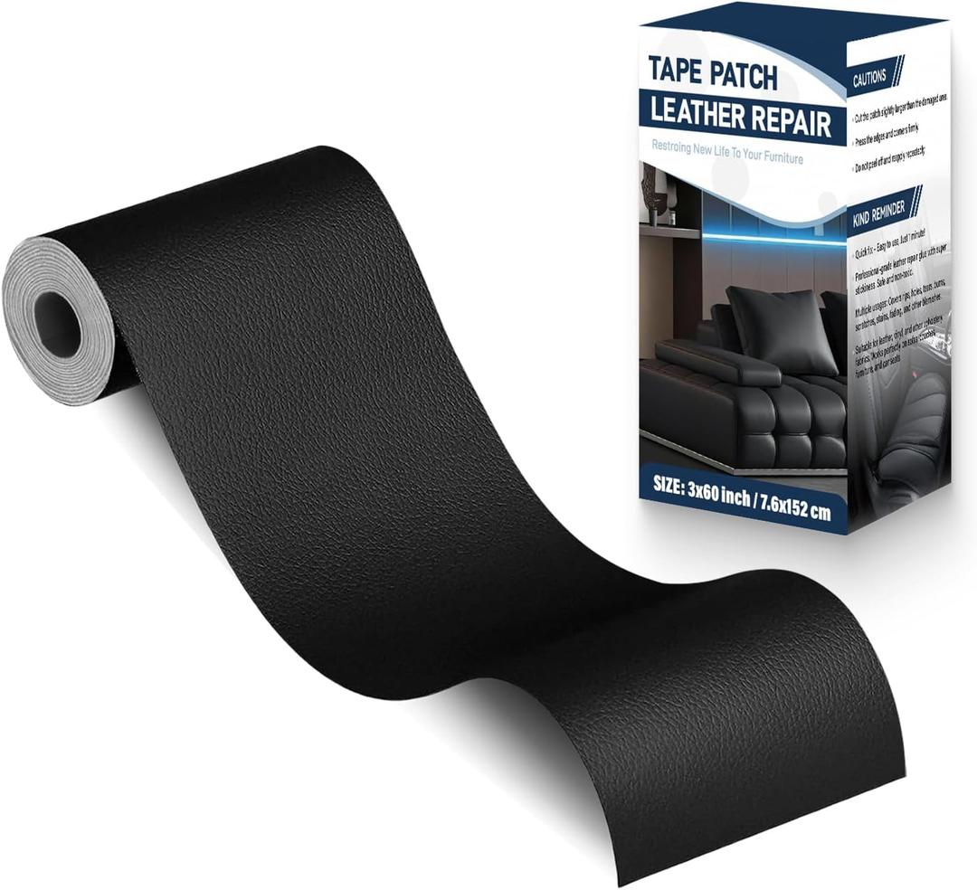 Zenyao Leather Repair Patch Tape - Self Adhesive Leather Repair Kit for Car Seat Furniture, Heavy Duty Vinyl Repair Patch for Couch Sofa, Waterproof for Rips Scratches Tears, 3x60 Inch Roll, Black