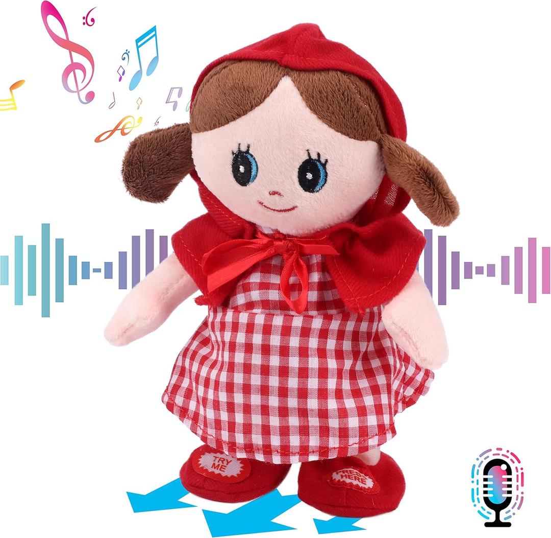 Hopearl Talking Singing Doll Repeats What You Say Girl Walking Electric Interactive Animated Toy Speaking Plush Buddy Gifts for Toddlers, Red, 8''