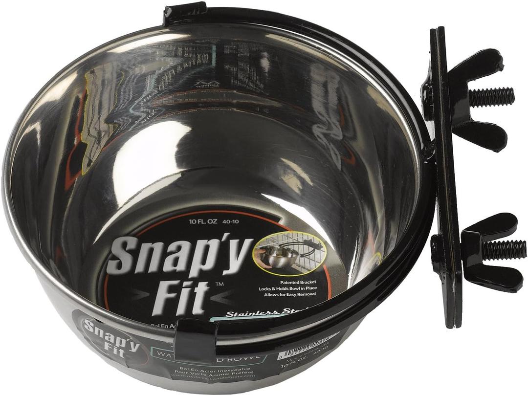 MidWest Homes for Pets Snap'y Fit Stainless Steel Food or Water Bowl, Holds 10 Ounces, Mounts to Wire Crates, No-Tip Design, Rust-Resistant, for Small Dogs and Cats (Silver)