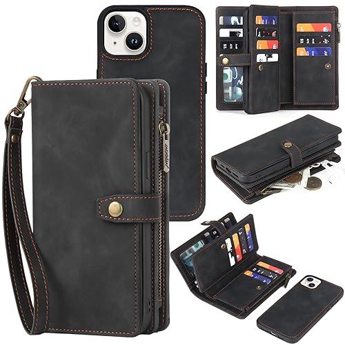 TwoHead Wallet Case Compatible with iPhone 15,Detachable Magnetic Phone Case,All-Round Protective Leather Phone Case with Card Holder,6.1”,Black