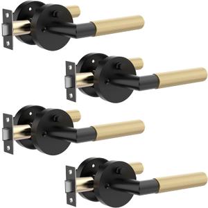 4 Pack Matte Black and Gold Door Lever Handle Keyless Privacy for Bedroom/Bathroom, Anti-Slip Knurled Grip, Fits Left/Right Hand Doors