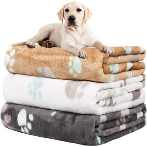 Rezutan Dog Blanket for Large Dogs, Upgraded 3 Pack Dog Cat Flannel Blankets Washable, Soft Pet Mat Throw Cover Suitable for Kennel Crate Bed, Cute Paw Pattern, Grey/Brown/White, 31" x 41"