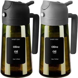 SWEET VIEW 2PCS Olive Oil Dispenser and Oil Sprayer 16oz/470ml Glass Light-Proof Oil Pourer for Kitchen Air Fryer, Cooking, Salad, and BBQ, with Stickers