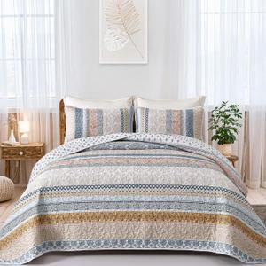 WONGS BEDDING Boho Quilt Set Queen Size, Yellow Bohemian 3 Pieces Fall Quilt Sets, Lightweight Bedspread Coverlet Bedding Set for All Season (96"x90") 