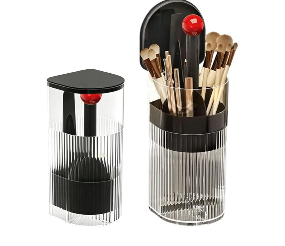 Makeup Brush Holder, Pneumatic Lifting Structure with Dust Cover, water proof Transparent Plastic Storage Box for Vanity and Bathroom Countertop (Black with Red Ball)
