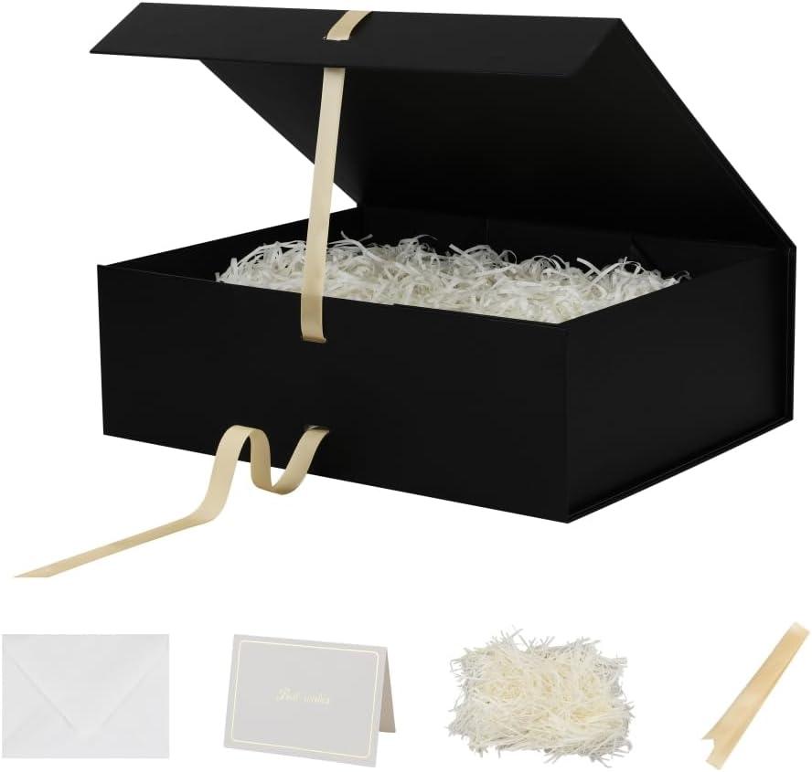 Skivra Large Black Gift Box with Ribbon - 16.5x13x5.3 Inch Extra Large Collapsible Luxury Gift Box for Wedding Dress, Shredded Paper Filler & Card (16.5X13X5.3Inch-Black-Pack of 1)