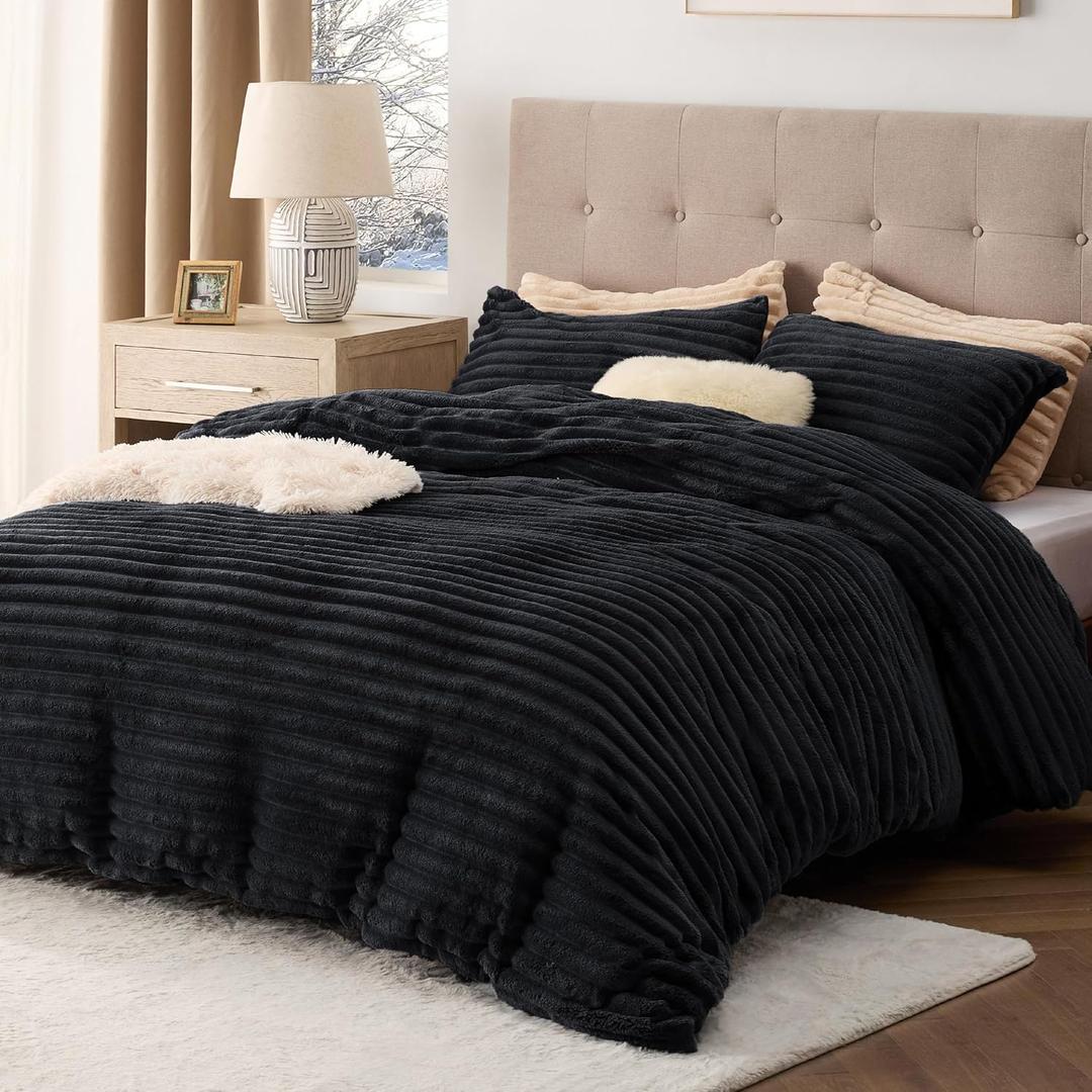 Bedsure Fluffy Duvet Cover Set - Ultra Soft Plush Shaggy Comforter Cover King Size, Warm Flannel Fleece Bed Sets for Winter, 3 Pieces (Striped Pattern, Black) (King (104" x 90"))