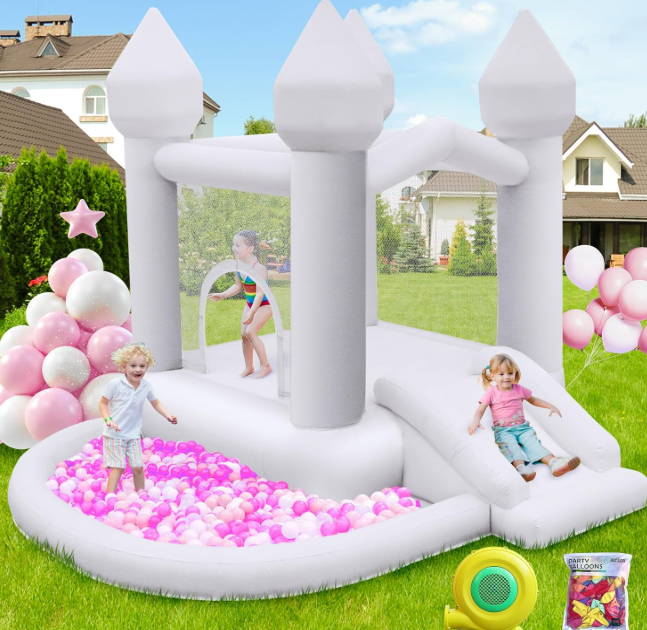 FBSPORT White Bounce House, Inflatable Bouncer with Air Blower,Indoor & Outdoor Bouncy Castle with Big Ball Pit for Wedding Party Kids Birthday Party, Easy to Install