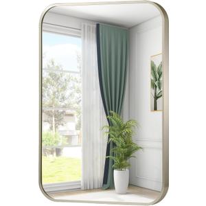 22x30 Inch Brushed Nickel Bathroom Mirror, Framed Rectangle Mirror with Rounded Corner, Brushed Mirror, Silver Bathroom Mirror for Over Sink, Vanity, Living Room, Bedroom, Horizontal/Vertical