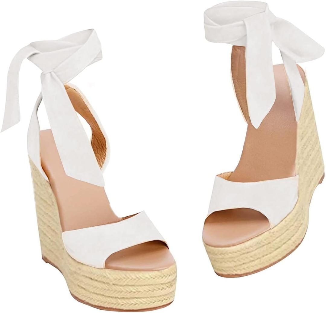 Womens Espadrilles Wedges Sandals Heels Open Toe Tie Lace Up Platform Ankle Strap Summer Dress Shoes 8 1/2