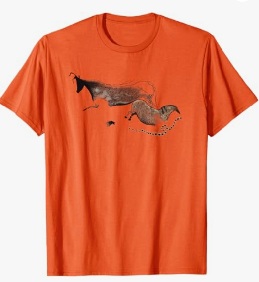 Stone Age Cave Painting of an Ox and Horse from Lascaux T-Shirt, Orange, M