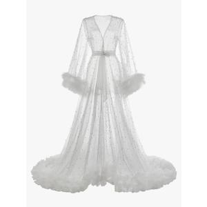 Ruffles Wedding Robe Photo Shoot Pearls Pregnant Women Photography Evening Prom Tulle Robe Bathrobe Long jacket, L
