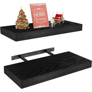 Vervida Black Floating Shelves for Wall, Rustic Wood Wall Mounted Shelves with Invisible Brackets for Decor & Storage, Floating Shelf for Living Room, Bathroom (Set of 2) (15x6.8)
