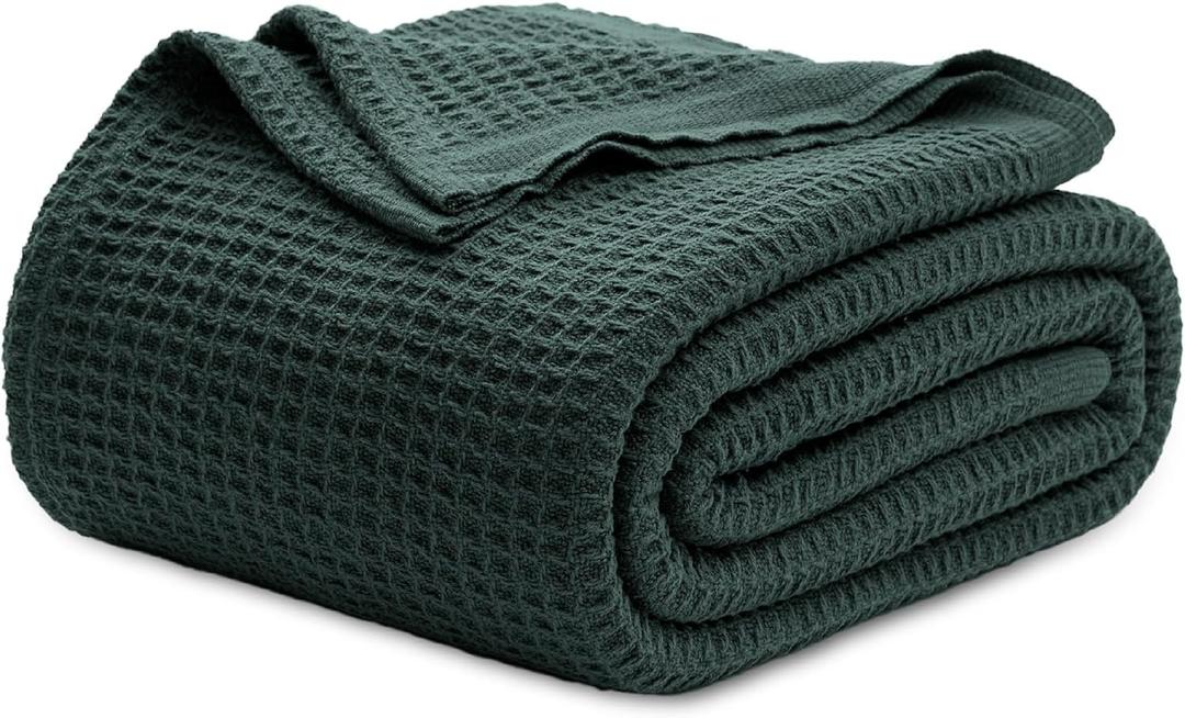 Bedsure 100% Cotton Blanket King Size for Bed - Breathable and Soft, Waffle Weave Blanket for Summer Spring, Dark Green, 104x90 inches