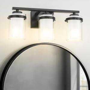 kudos 3-Light 18-inch Bathroom Light Fixtures Over Mirror, Matte Black Vanity Lights with Dual Glass Shade, Wall Sconce, Modern Vanity Lights for Bathroom, Hallway, KDVL15-BK-3