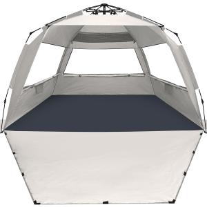 WhiteFang Deluxe Pop Up Beach Tent Sun Shade Shelter for 5-6 Person, UV Protection, Extendable Floor with 3 Ventilating Windows Plus Carrying Bag, Stakes, and Guy Lines