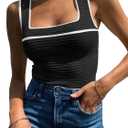 Women's Square Neck Tank Top Knit Ribbed Basic Tops Summer Casual Y2K Color Block Sleeveless Cami Tank Tops (Black, Size S)