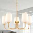 Farmhouse Chandelier, 5-Light Gold Chandelier with White Fabric Shade, Height Adjustable Modern Dining Room Light Fixture with E26 Base for Bedroom Foyer Hallway Entryway Kitchen Living Room