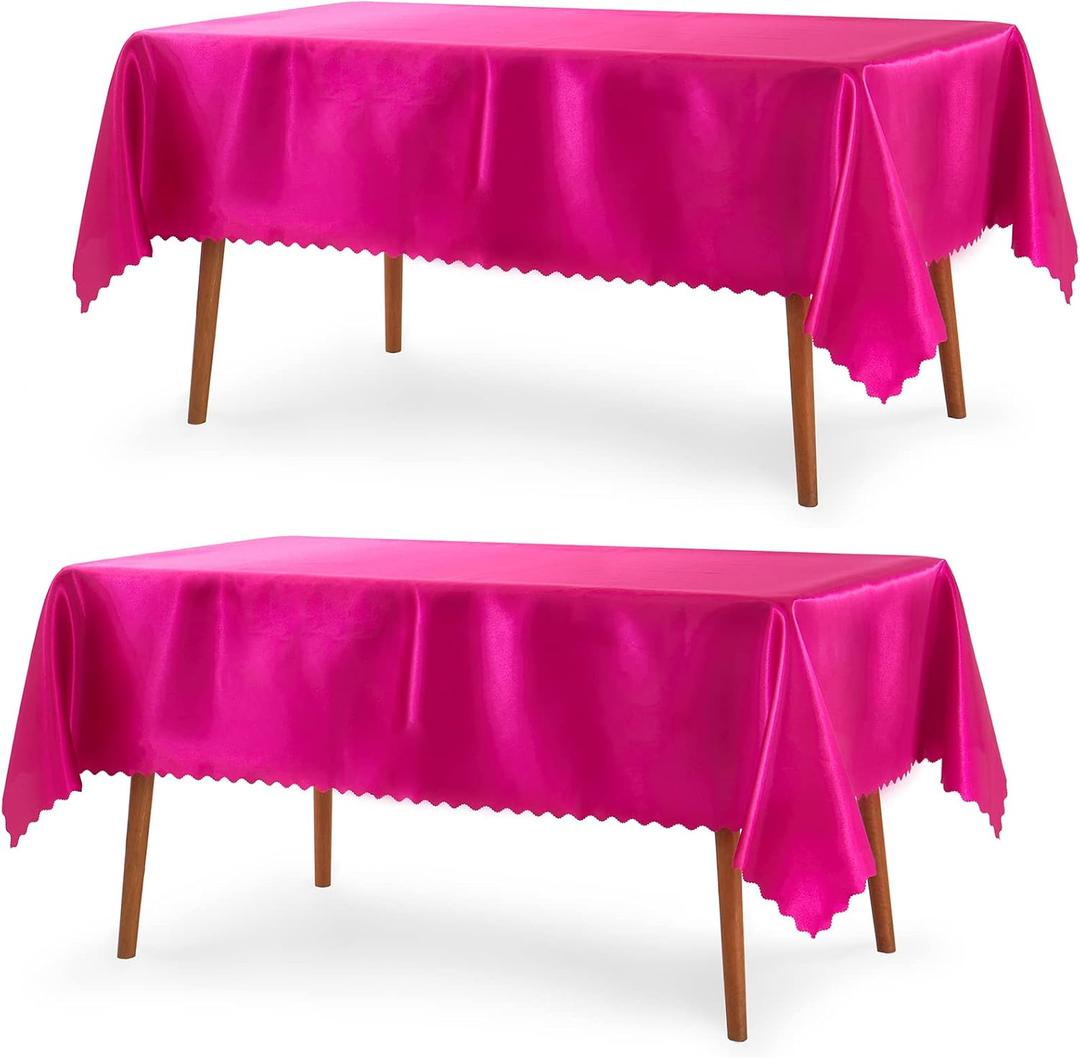 P Pothuiny 2 Pack Hot Pink Satin Tablecloth 60 x 120 Inches Rectangle Table Cloth Overlay Satin Table Cover Bright Smooth Fabric Decoration for Wedding Banquet Party Dining