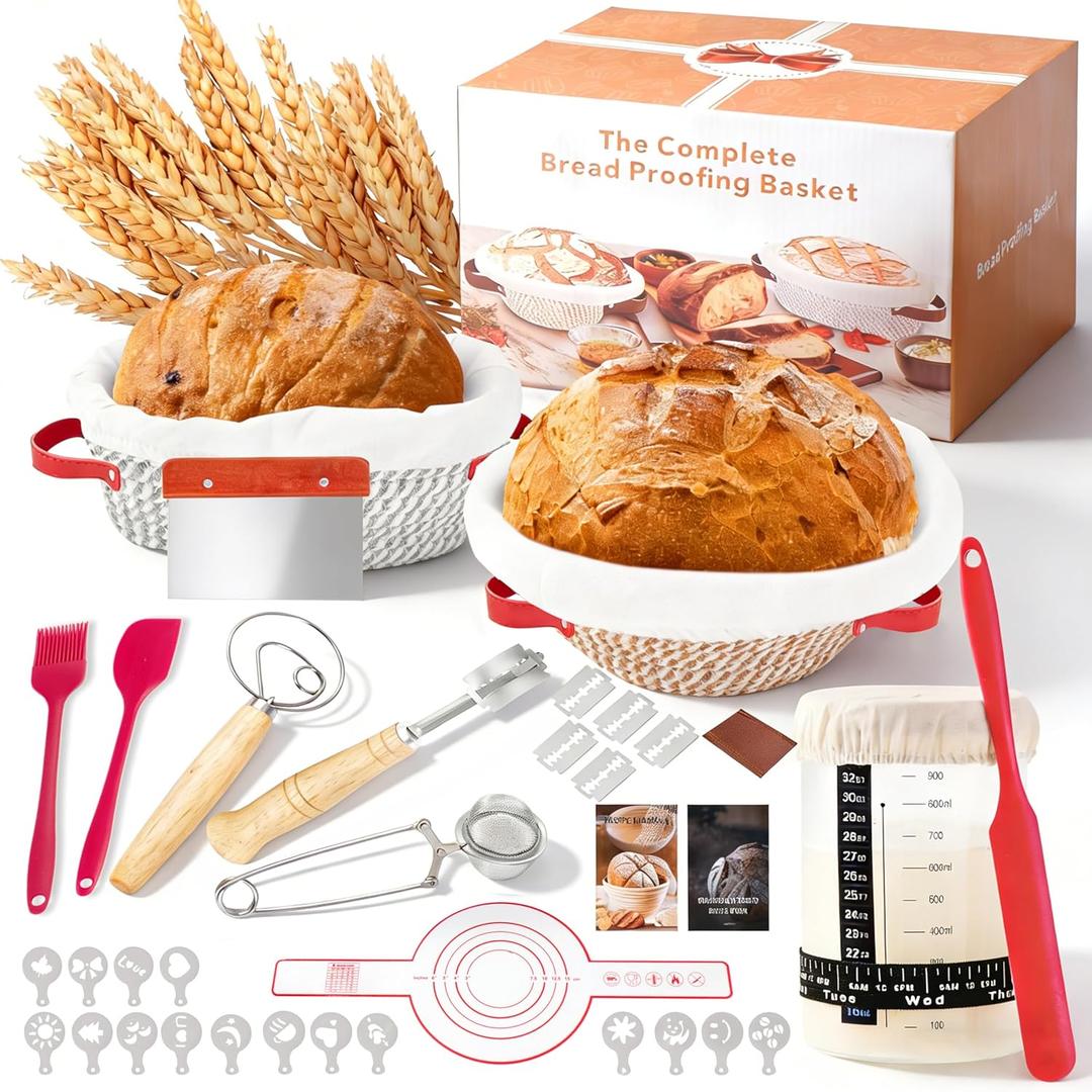 Sourdough Starter Kit, 9" Round and 10" Oval Banneton Bread Baking Supplies, Bread Making Tools Kit, Sourdough Proofing Basket, Sourdough Kit Gifts for Bakers Women Wife Mom