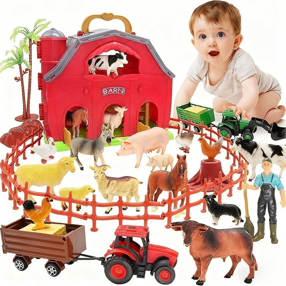 BOLZRA Farm Animals Big Red Barn Toy for 1 2 3 4 5 Years Old Toddlers, Kids Farm Figures Fence Playset with Tractor, Preschool Montessori Learning Toys, Christmas Birthday Easter Gift for Boys Girls