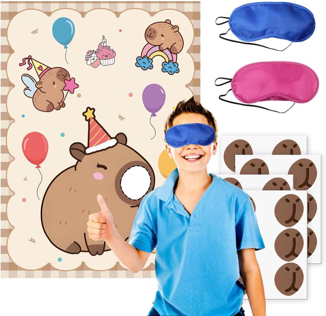 Capybara Birthday Party Decoration, Stickers at Party Guinea Pig Games,Pin The Nose Game with Eye Masks and Stickers,Large Poster and 24 Capybara Themed Birthday Gift