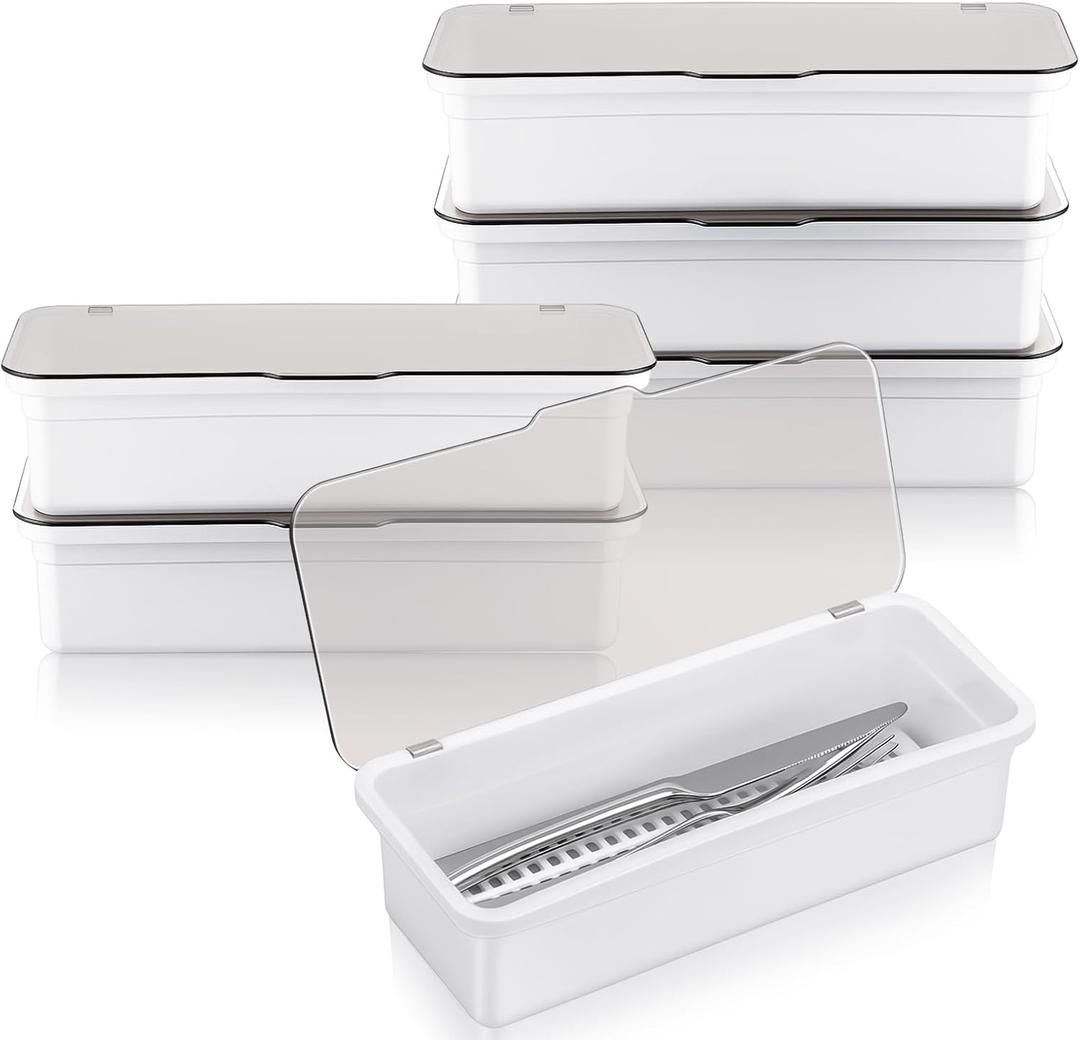 Remerry 6 Pcs Flatware Tray with Lid and Drainer, Plastic Utensil Organizer, Kitchen Cutlery Transparent Storage Box with Lid and Drain Rack, Drawer Tableware Storage Box for Home and Travel (White)