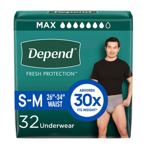 Depend Fresh Protection Adult Diapers, Incontinence Underwear for Men, Disposable, Maximum, Small/Medium, Grey, 32 Count