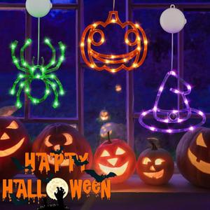 BHCLIGHT 3 Pack Orange Pumpkin Purple Witch Hat Green Spider Battery Operated Halloween String Light, Window Light with Suction Cup and Timer Function for Indoor Outdoor Halloween Party Decorations
