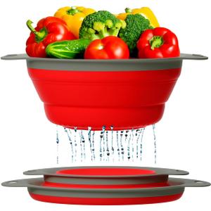 Comfify Ultimate Kitchen Strainers Set of 2 - Collapsible Silicone Colanders For Easy Storage - Use with Pasta & Veggies or as a Fruit or Berry Bowl with Strainer - Irreplaceable for Campers - Red