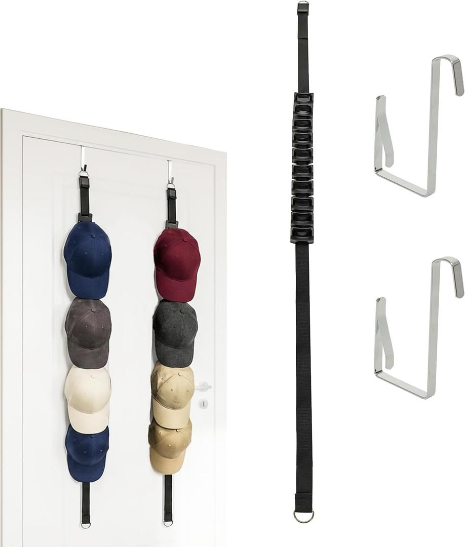 Hat Organizer Over The Door with 2-Way Hanging, 10-Cap Rack with Display Hooks & Hanger Clips, Space Saving Hat Storage for Closet, Bedroom, Garage, Office, Laundry Room