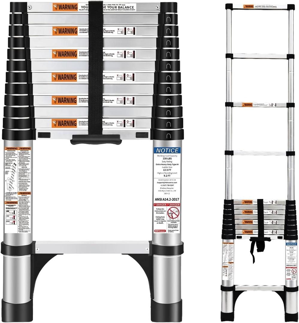 HBTower Aluminum Telescoping Ladder, 12.5 FT, 15 Steps, 330 lbs Max Capacity, Silver