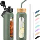 Kodrine Water Bottle with Straw, 24 oz Glass water Bottle with 2 Lids Bamboo Straw Lid and Spout Lid with Handle, 32 oz Clear Water Bottle Glass for Sports Travel, Waterbottle with Time Marker (Olive)