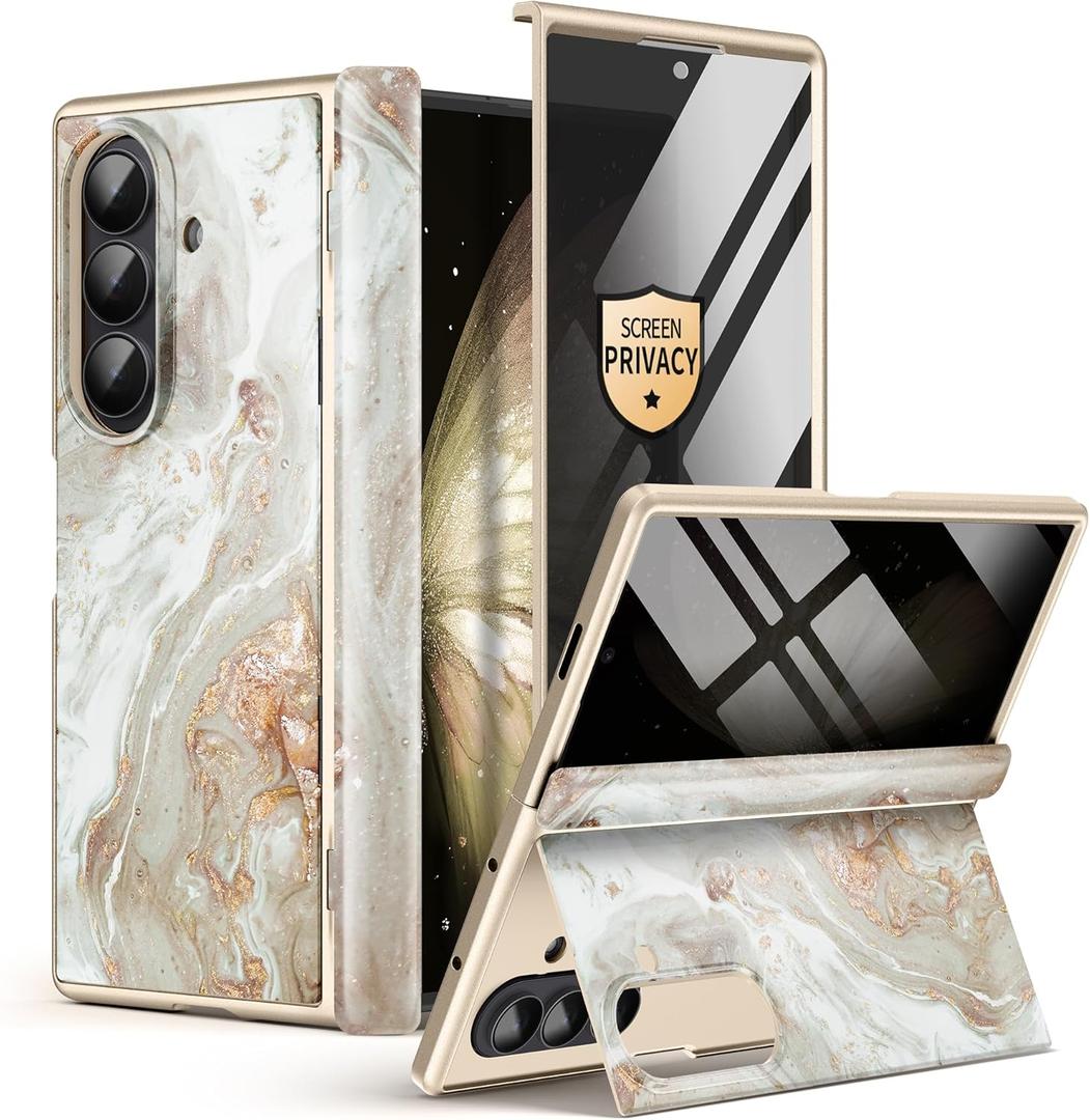 GVIEWIN for Z Fold 7 Case with Privacy Screen Protector [Compatible with Magsafe][Built-in Kickstand] Magnetic Full-Body Hinge Protection Slim Phone Case for Samsung Galaxy Z Fold 7, Pearlescent/Gold